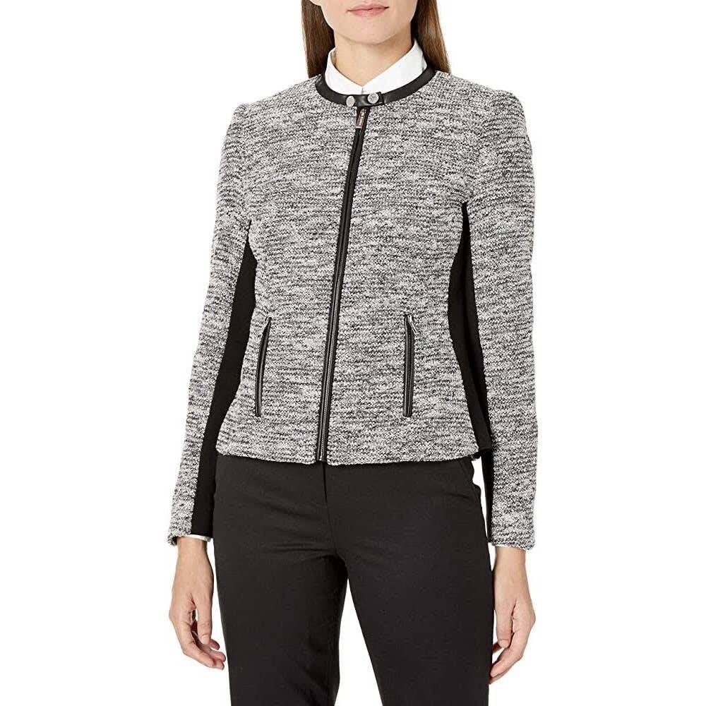 NWT Calvin Klein Tweed Zip Moto Jacket Faux Leather Trim Ponte Gray Blak 6